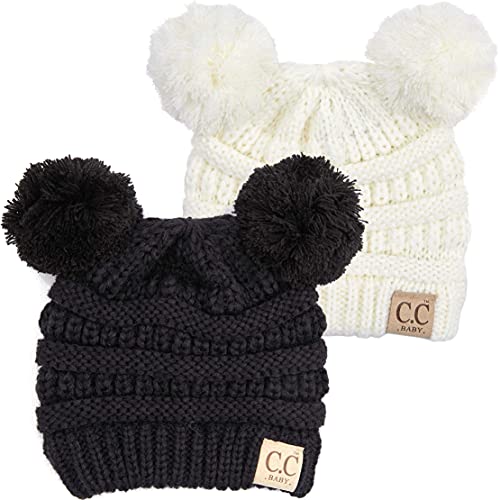 Funky Junque Double Pom Pom Baby Beanie – Newborn Girl Winter Hat 0–12 Months, Cute Cozy Knit Infant Beanies for Cold Weather - color: 2 Pack - Black & Ivory - Double Pom