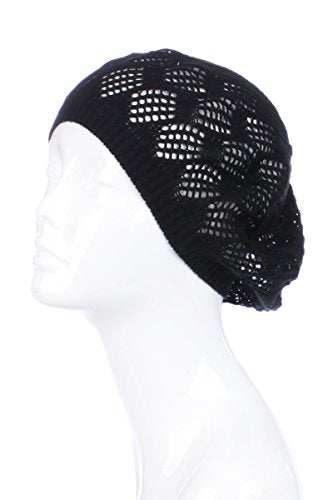 an Womens Lightweight Cut Out Knit Beanie Beret Cap Crochet Hat - Many Styles - color: Black Mini Square