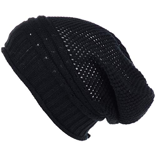 BYOS Women's Airy Cool Lightweight Cutout Long Slouchy Crochet Knit Beanie Hat - color: Net-black