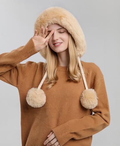 HUAMULAN Women Winter Sherpa Knit Beanie Hats Fleece Lined Ear Flaps - color: Beige Solid