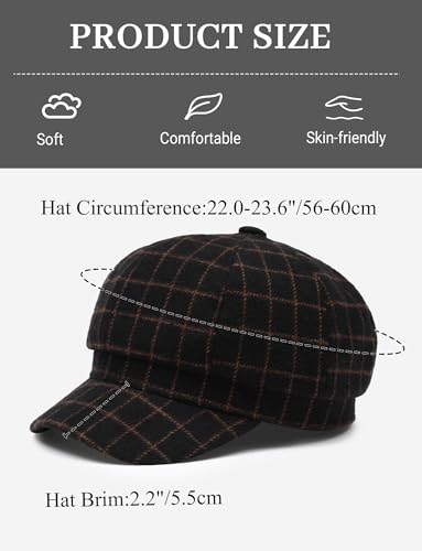 FEOYA Women Newsboy Hat Plaid Cabbie Caps Cotton Casual Stylish Beret Cap Paperboy Hats - color: Plaid-black