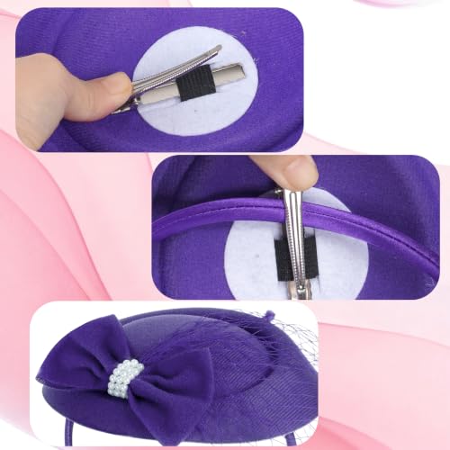 Fascinator Hat for Women Veil Fascinators Tea Party Wedding Retro Pillbox Hats for Cocktail Dresses Accessories - color: Purple