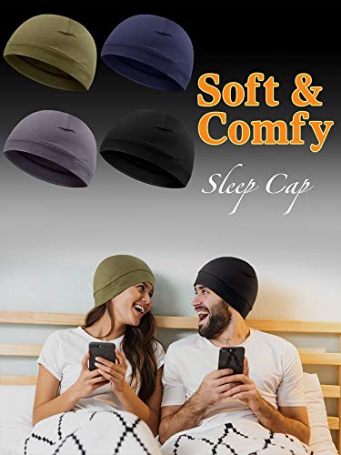 Syhood 4 Cotton Skull Caps for Men Women Sleep Night Hat Beanie - color: Black, Gray, Army Green, Navy Blue