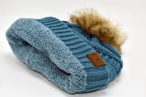 C.C Trendy Fuzzy Fleece Lined Warm Comfortable Soft Stretch Cable Knit Ribbed Faux Fur Pom Pom Beanie Hat - color: Teal Blue