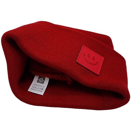 55cube Unisex Knit Cuffed Beanie Hats Warm Winter Caps with Leather Logos - color: Burgundy Red