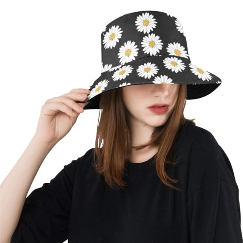 Reversible Bucket Hat for Women Men, Cotton Packable Summer Sun Hat, Double-Side-Wear Fisherman Cap for Beach Travel Hiking - color: Mz-daisy Hat