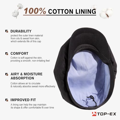 Oversized XL XXL Natural Linen Flat Cap Lightweight 8 Panel Summer Cooling Eco-Friendly Newsboy Hat Golf Outdoor - color: Black, size: Large-X-Large