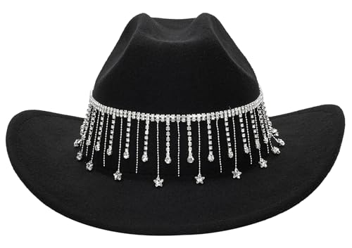 Glitter Silver Black Cowboy Hats Women Western Rhinestone Cowgirl Hat - color: Star Tassel-black