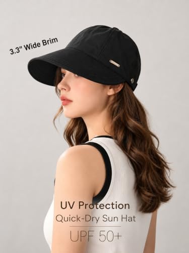 Women's Adjustable Ponytail Sun Hat, Wide Brim Summer Protection Cap - color: Black