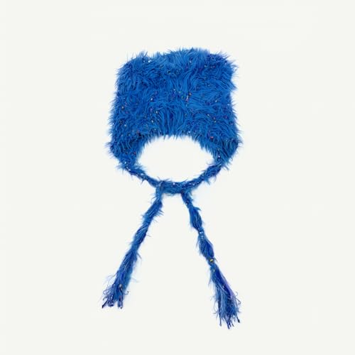 LumiSyne Winter Hat Cute Cat Ear Shape y2k Style Furry Knit Earflap Hat with Long Ear Straps Peruvian Cover Ear Beanie Hat - color: Blue