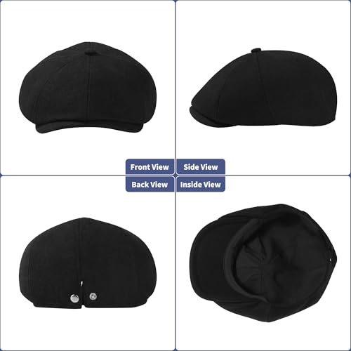 Men's Wool Blend Newsboy Cap Adjustable Gatsby Ivy Newsies Cabbie Hat Classic 8 Panel Tweed Flat Winter Hat - color: Pure Black, size: Large