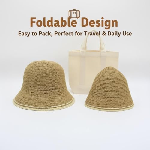 Women’s Two-Toned Sun Hat Straw Bucket Hat UPF 50+ Sun Protection Packable Adjustable Summer Holiday Beach Hat - color: Khaki
