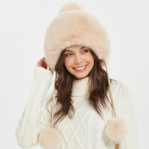 Winter Hats Cute Kint Hat Russian Fur Crochet Hat Slouchy Beanies with Pompom Warm Fuzzy Snow Cap Trapper Hat for Women - color: Beige