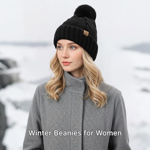 Winter Hats for Women- Winter Beanie Womens with Bobble, Soft Warm Ribbed Knit Cuffed Womens Winter Hat