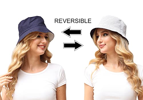 Women Reversible Bucket Hat, Summer Sun Hat for Women - color: Navy-dot