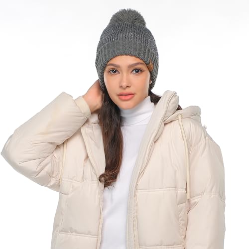 C.C Sequin Pom Beanie for Women - Acrylic Stretchable Soft Warm Knit Winter Skully Hat with Yarn Pom - color: Sequin-dk Mel Grey / Grey