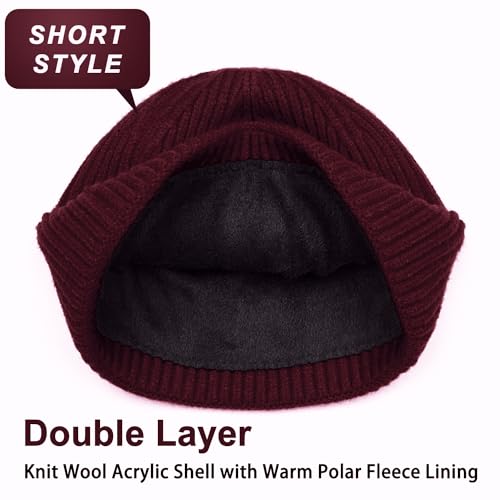 ROYBENS Short Wool Fisherman Beanie for Men Women Knit Fleece Lined Beanies - color: 2pcs-black+wine Red