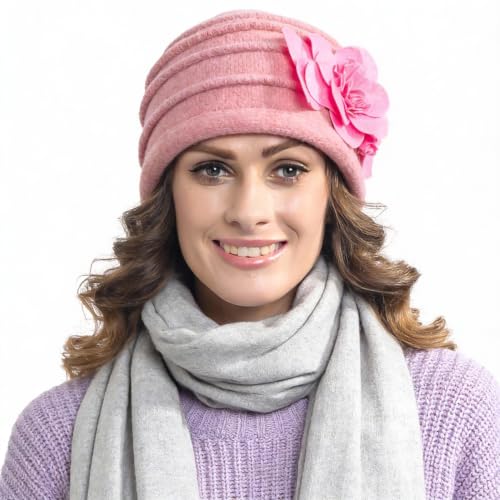 Vintage Women Floral Wool Dress Cloche Winter Hat 1920s - color: C022-d-pink