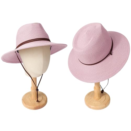 DRESHOW Womens Summer Straw Sun Hat Wide Brim Bucket Hats Fedora Hat Panama Beach Hat with Chin Strap UPF 50+ - color: 1 Pc Panama Fedora: Light Pink