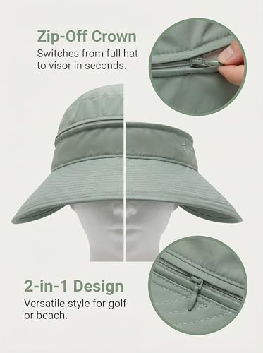 2-in-1 Women’s Sun Visor Sun Hat Zipper Off Ponytail Friendly, Lightweight Quick Dry, Summer UV Protection - color: Light Green