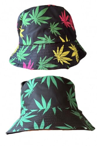 Leaf Print Bucket Hat Comfortable Colored Weed Bucket Hat Sun Protection Brim Fishing Beach Fisherman Durable Hats Reversible Double Side Wear- 2 Pack