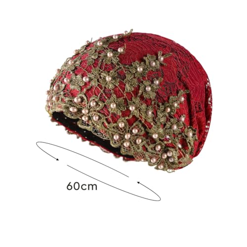 haozaikeji Women Flower Turban Hat Rhinestones Muslim Islamic Head Wrap African Pearl Turban Soft Stretchy Head Cover - color: Red