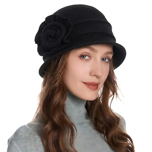 ZLYC Women Wool Cloche Bucket Hat 1920s Vintage Winter Hat with Flower - color: Floral Black