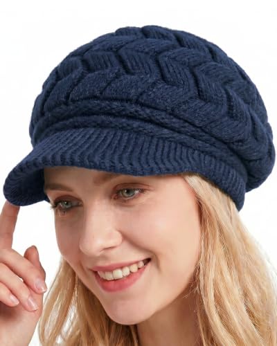 Loritta Womens Winter Beanie Hats, Thick Warm Beanie with Visor Brim - color: Navy Blue