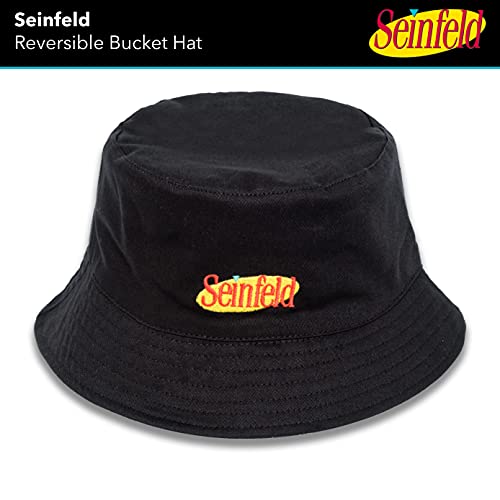 Concept One Seinfeld Logo Bucket Hat, Packable Travel Hat, Wide Brim Summer Hat, Reversible, Black and White