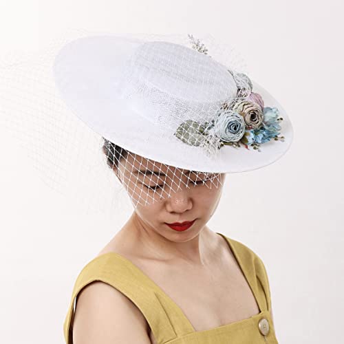 COSDREAMER Victorian Hat Womens Girls Tea Party Hats Vintage Flowers Flat - color: White