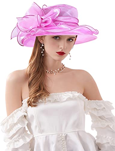 Women's Kentucky Derby Church Dress Hat Wide Brim Leaf Flower Bridal Shower Hat - color: S5-rose