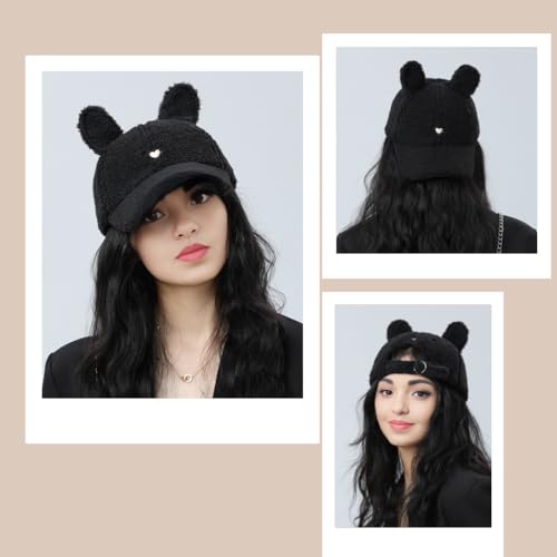 Cute Hat for Women Winter Wool Cat Rabbit Ears Soft Beanie Slouchy Baseball Cap Vintage Casual Sports - color: Black
