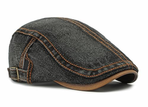 QHFHULV Newsboy Cap for Men Cotton Flat Gatsby Ivy Golf Cabbie Driving Hat - color: Denim Black
