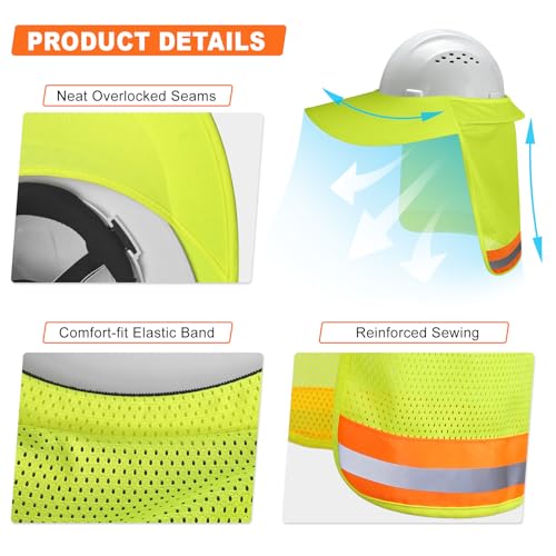 Hard Hat Sun Shade, Full Brim Mesh Neck Sun Shield with Reflective Strip, High Visibility Visor Neck Shade for Hard Hat Accessories, 2 Packs Yellow - color: Yellow