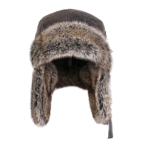 Faux Fur Winter Hat PU Leather Warm Earflap Trapper Hats for Men Women Russian Ushanka Hat Windproof Cycling Ski Cap - color: Brown