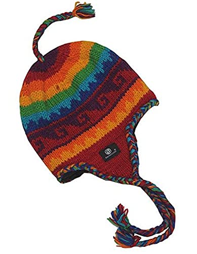 Wool Hand Knit Unisex Fleece Lined Ear Flap Beanie Sherpa Cap Hat Nepal - color: Rainbow Wave