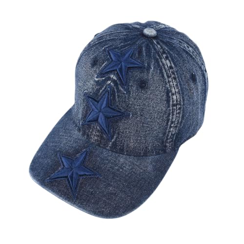 Unisex 3D Star Embroidered Washed Denim Baseball Cap Vintage Men Dad Hat - color: Navy