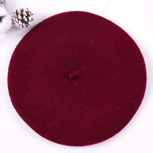 Women French Beret Hat Solid Artist Hat Wool Beret Winter Warm Beanie Cap - color: Dark Red