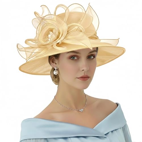 AQOKKA Women Organza Church Fascinators Kentucky Derby Hats for Women and Girls Wedding Flower Tea Party Hat with Wide Brim - color: Organza Rose : Khaki