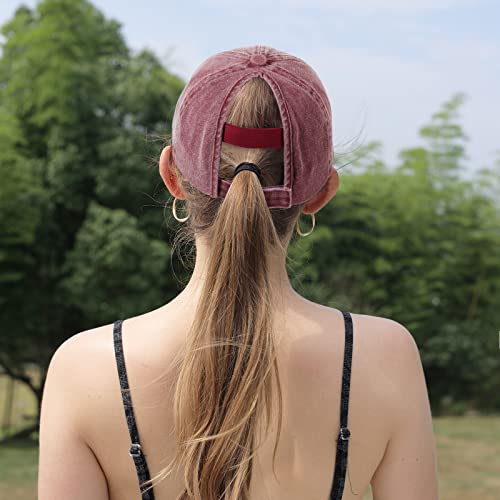 HH HOFNEN Ponytail Hat for Women Washed Distressed Baseball Cap Ponycaps - color: #1 Black+red