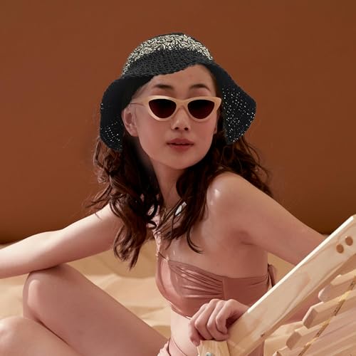 Womens Bucket Hat, Floppy Straw Sun Hat Woven Beach Cap