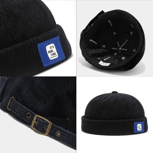 Men Docker Cap Brimless Skullcap Sailor Cap Rolled Cuff Retro Beanie Hat with Adjustable - color: Corduroy Black2