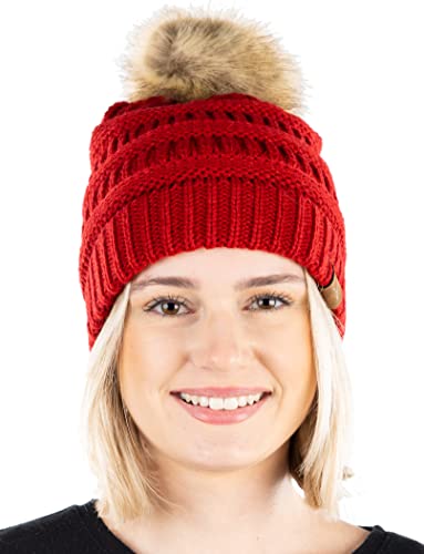Funky Junque Cozy Ribbed Beanie with Luxurious Faux Fur Pom Pom - Warm Cable Knit Winter Skull Cap - color: Red W/Natural Pom