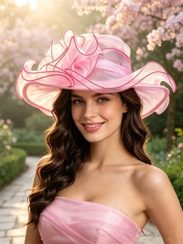 SAFERIN Women's Organza Church Fascinator Bridal Tea Party Wedding Hat - color: Tz-pink Rose Red