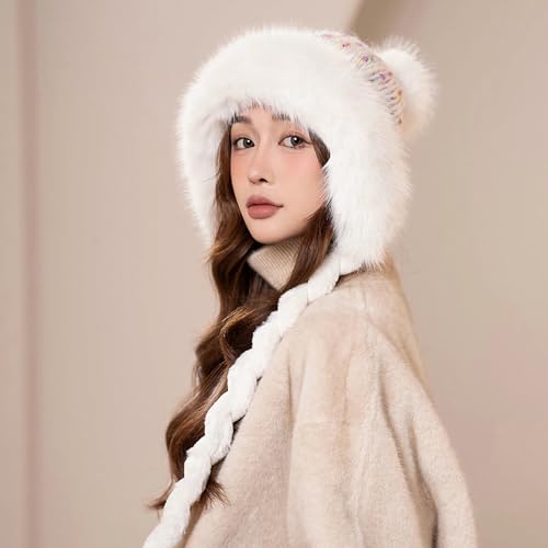 HUAMULAN Women Winter Sherpa Knit Beanie Hat Fleece Lined Ear Flaps - color: White With Pom