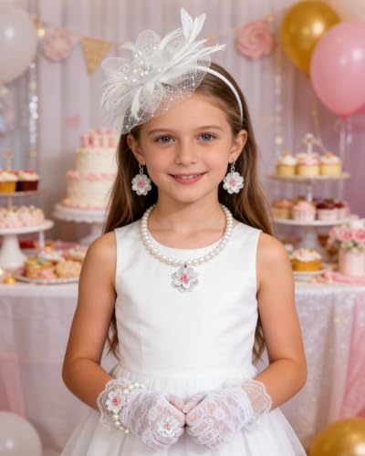 Girls Tea Party Fascinators Hats Girls Church Hats 20s 50s Pillbox Hat Cocktail Mesh Flower Pearl Feather Headband - color: White