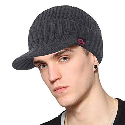 Janey&Rubbins Men‘s Stylish Knit Visor Brim Beanie Hats Fleece Lined Skull Ski Caps - color: Grey