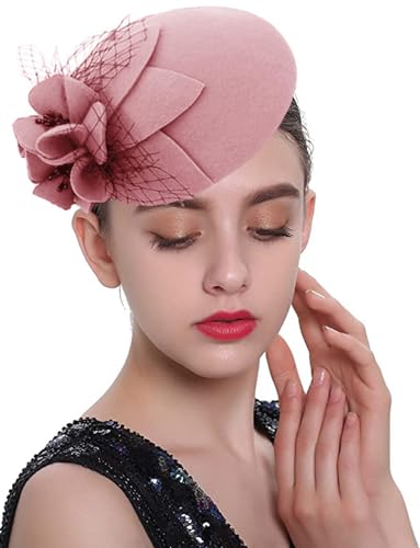ORIDOOR British Style Pillbox Hat Women Church Wedding Winter Vintage Fascinator Beret 100% Wool Felt Hat with Veil - color: 03a- Nude Powder
