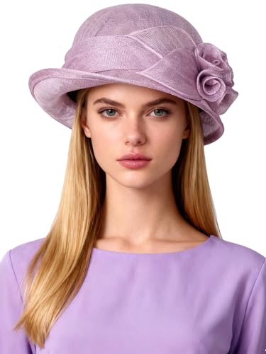HIMESPORT Retro Sinamay Veil Flower Bride Wedding Fascinator Hat Feather Bowler Hat Hair Accessory Banquet Cocktail Party - color: Light Purple