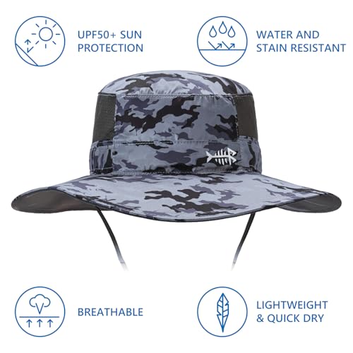 BASSDASH UPF 50+ Fishing Sun Hat Water Resistant Unisex Wide Brim Bucket Boonie Hat for Hiking Camping Safari FH15 - color: Storm Camo, size: Medium